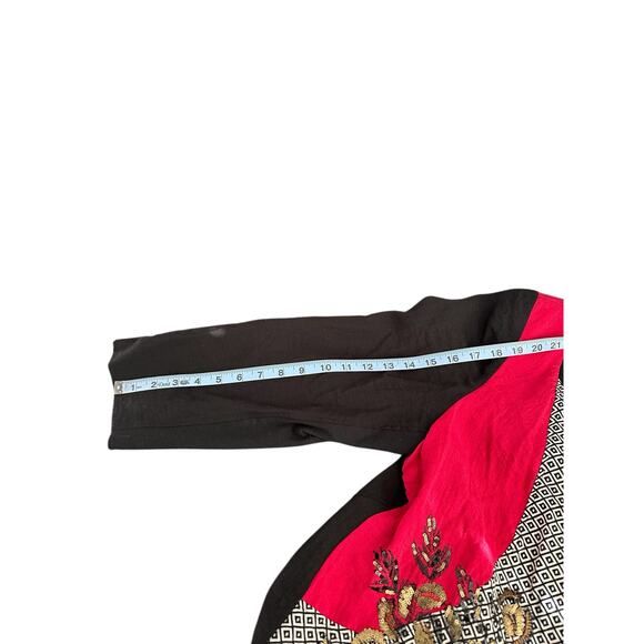 Chico's Blazer Black Red Art To Wear Mixed Media Sequin Open Front Relaxed XL - Picture 10 of 11